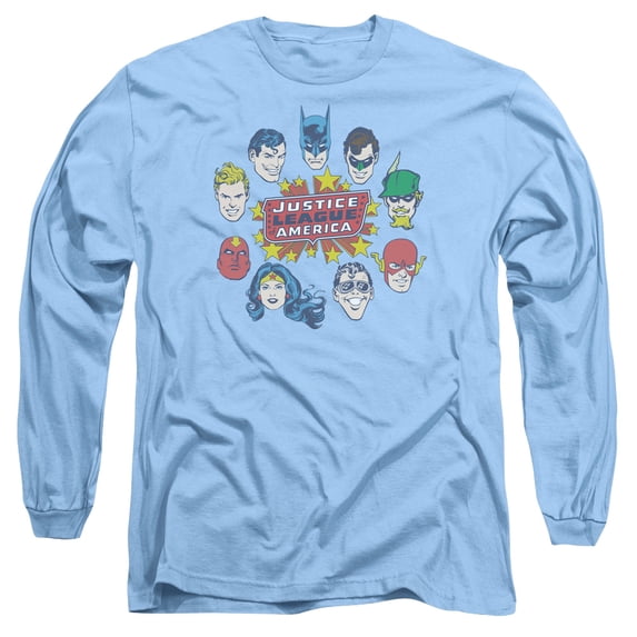DC Comics Justice Head Circle Long Sleeve Adult 18/1 T-Shirt Carolina Blue