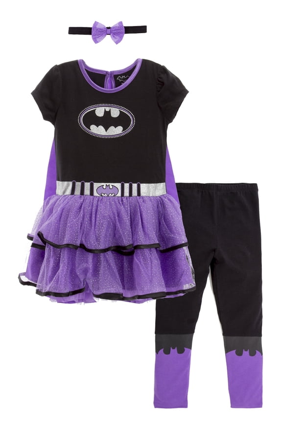 Justice League Batgirl Little Girls Tulle Costume Dress Leggings Cape and Headband 4 Piece Set Newborn to Big Kid