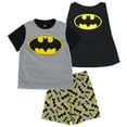 thumbnail image 1 of DC Comics Justice League Batman Cosplay Pajama Shirt, Pajama Shorts and Detachable Cape 3 Piece Sleep Set Logo Toddler to Big Kid, 1 of 5