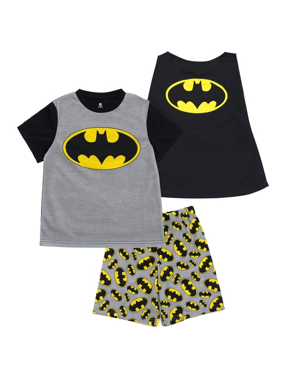 Justice League Little Boys' Cosplay Pajama Shirt and Shorts Set with Cape Heather Grey Batman