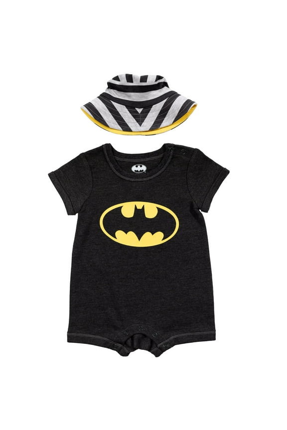 Justice League Batman Infant Baby Boys Romper and Bucket Sun Hat Newborn to Infant