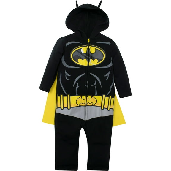 DC Comics Justice League Batman Infant Baby Boys Zip Up Cosplay Costume Coverall and Cape Newborn to Little Kid