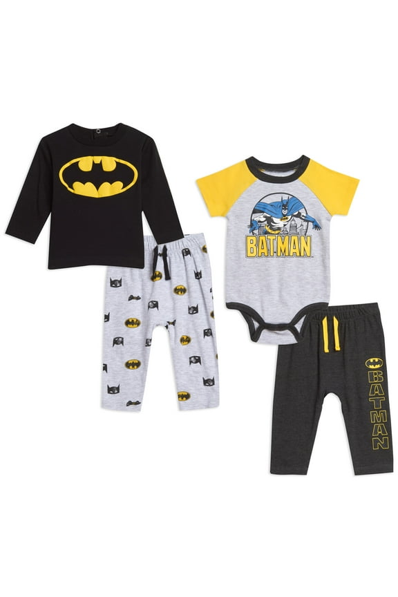 Justice League Batman Newborn Baby Boys Bodysuit Pullover T-Shirt and Pants 4 Piece Layette Set Newborn to Infant