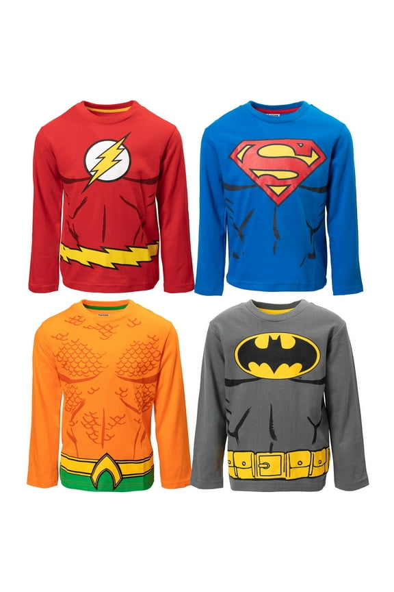 Justice League Batman Superman The Flash Big Boys 4 Pack Costume Long Sleeve T-Shirts Toddler to Big Kid