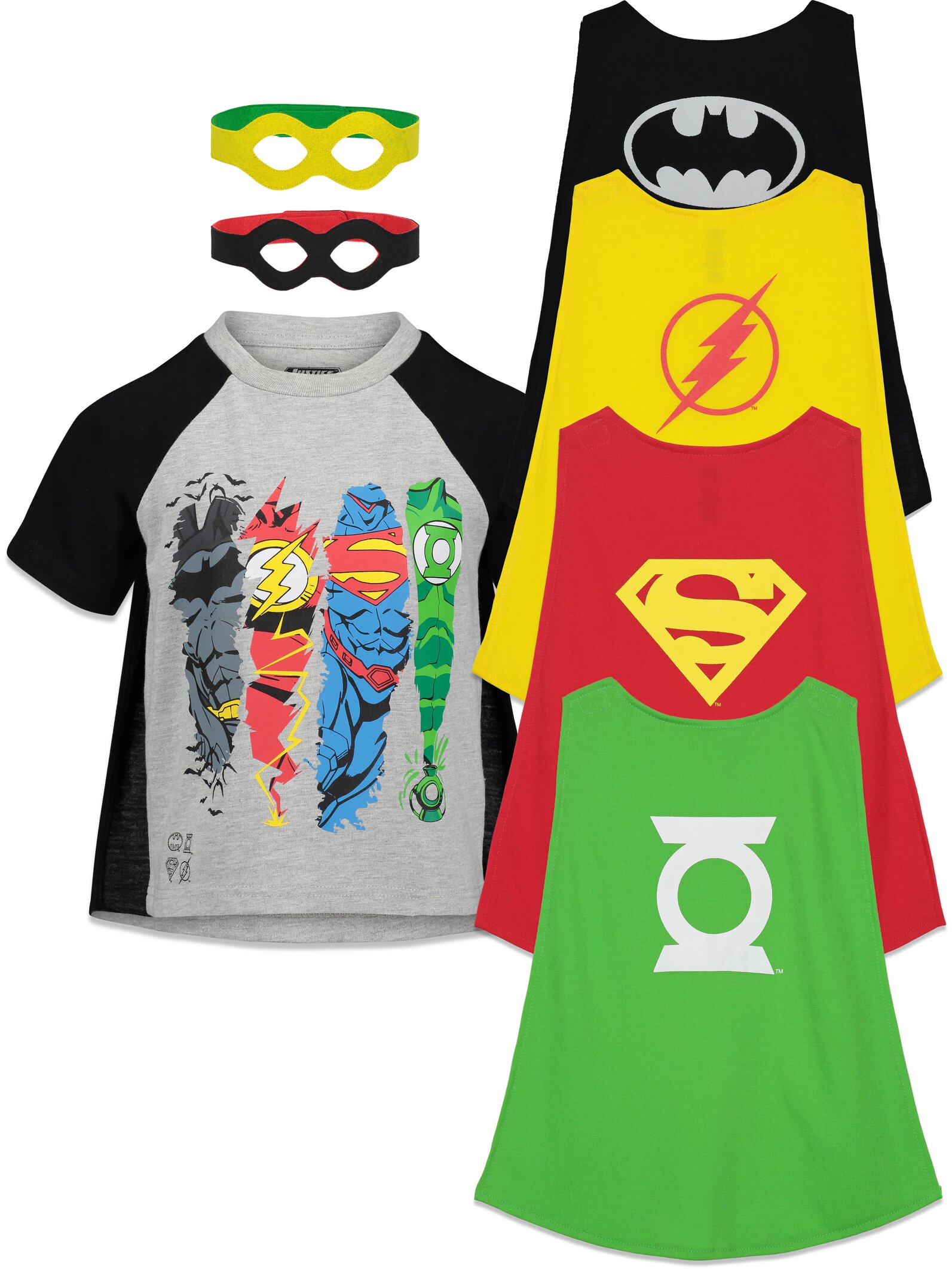 DC Comics Justice League Batman Superman The Flash Big Boys Costume T-Shirt Capes and Masks Mask 7 Piece Outfit Set Toddler to Big Kid - image 1 of 5