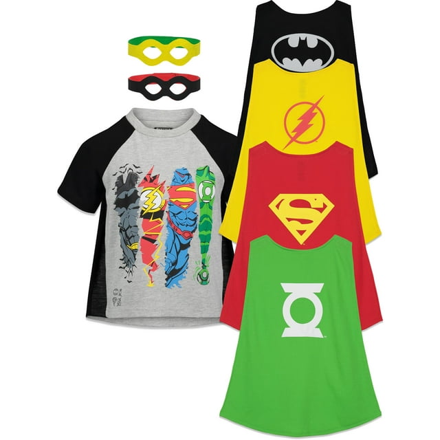 DC Comics Justice League Batman Superman The Flash Big Boys Costume T-Shirt Capes and Masks Mask 7 Piece Outfit Set Toddler to Big Kid
