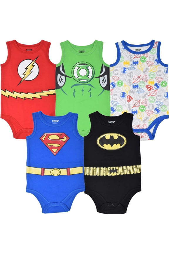 Justice League Batman Superman The Flash Green Lantern Newborn Baby Boys 5 Pack Bodysuits Multicoloured 6-9 Months