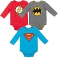 thumbnail image 1 of DC Comics Justice League Batman Superman The Flash Infant Baby Boys 3 Pack Bodysuits Newborn to Infant, 1 of 5