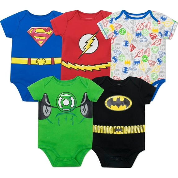 DC Comics Justice League Batman Superman The Flash Infant Baby Boys 5 Pack Bodysuits Newborn to Infant