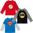 thumbnail image 1 of DC Comics Justice League Batman Superman The Flash Little Boys 3 Pack Hangdown Long Sleeve T-Shirts Toddler to Big Kid, 1 of 5