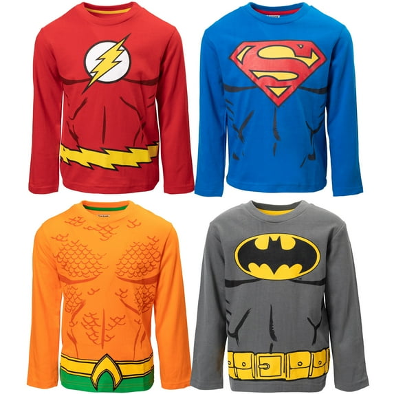 DC Comics Justice League Batman Superman The Flash Little Boys 4 Pack Costume Long Sleeve T-Shirts Toddler to Big Kid