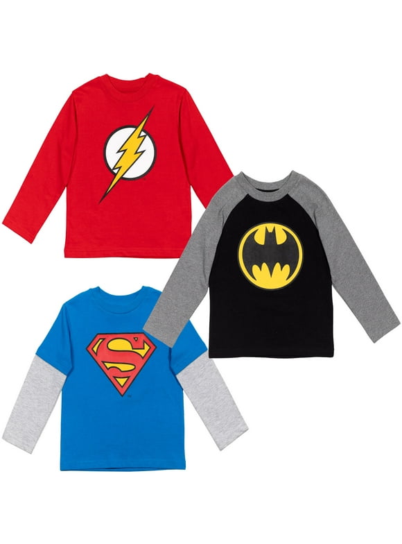 DC Comics Justice League Batman Superman The Flash Toddler Boys 3 Pack Hangdown Long Sleeve T-Shirts Toddler to Big Kid