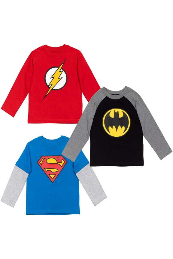 DC Comics Justice League Batman Superman The Flash Toddler Boys 3 Pack Hangdown Long Sleeve T-Shirts Toddler to Big Kid