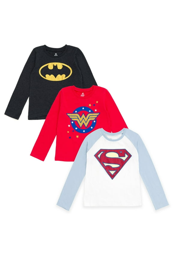 Justice League Batman Superman Wonder Woman 3 Pack Long Sleeve T-Shirts Logo Little Kid to Big