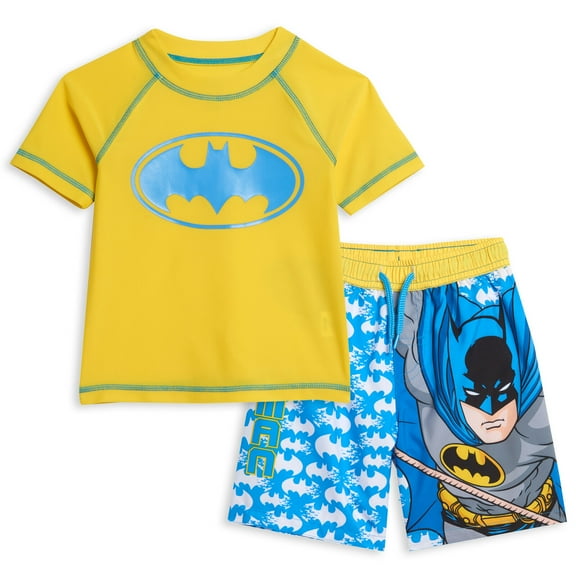 DC Comics Justice League Batman Toddler Boys Rash Guard and Swim Trunks Outfit Set Toddler to Big Kid