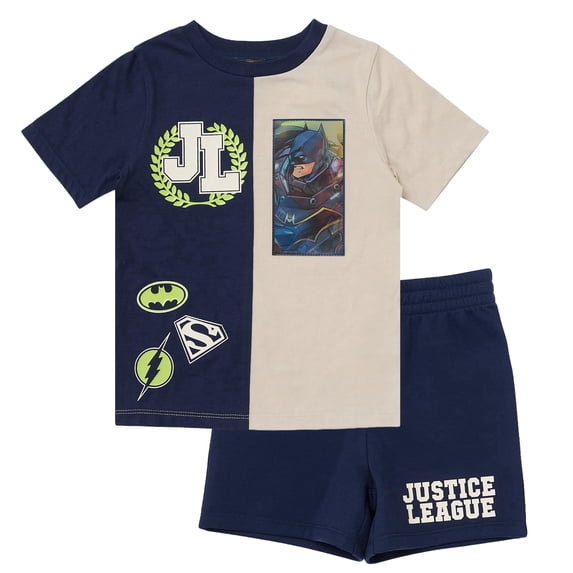 DC Comics Justice League Boys T-Shirt & Shorts Set, Batman Superman Flash Superhero Lenticular Patch (Navy, 2T)