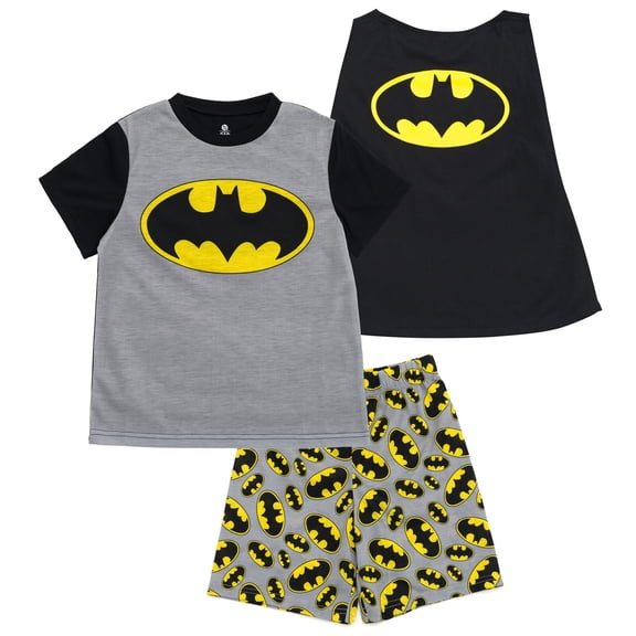 DC Comics Justice League Little Boys' Cosplay Pajama Shirt and Shorts Set with Cape Heather Grey Batman