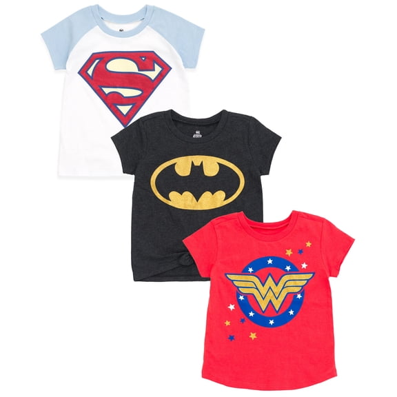 DC Comics Justice League Little Girls' 3-Pack T-Shirts Charcoal Red White