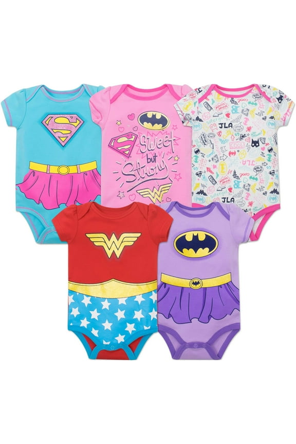 DC Comics Justice League Newborn Baby Girls 5 Pack Bodysuits Newborn to Infant