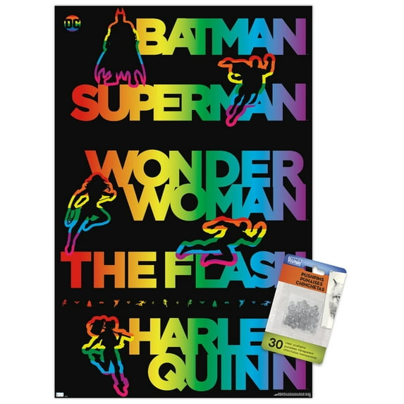 DC Comics Justice League - Rainbow Silhouette Wall Poster with Push Pins, 14.725" x 22.375"