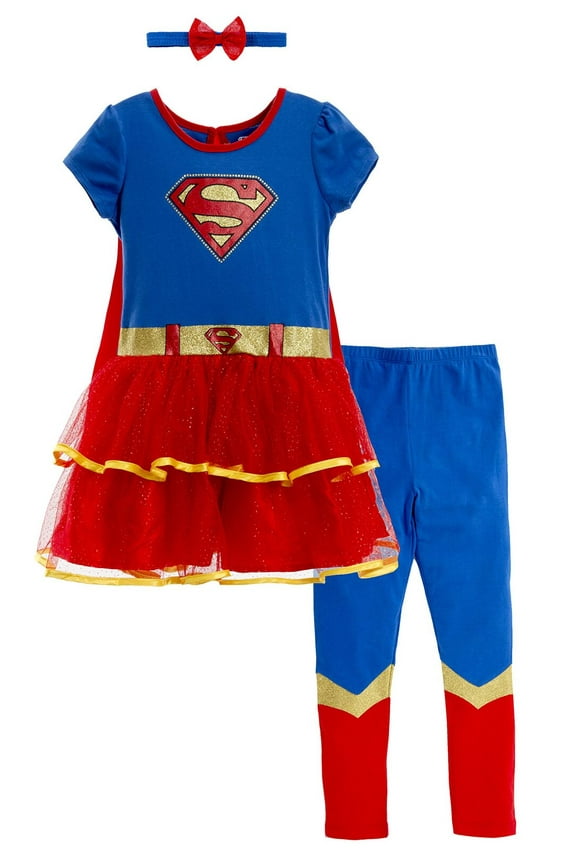 Justice League Supergirl Big Girls Costume Dress Leggings Cape and Headband 4 Piece Set 10-12