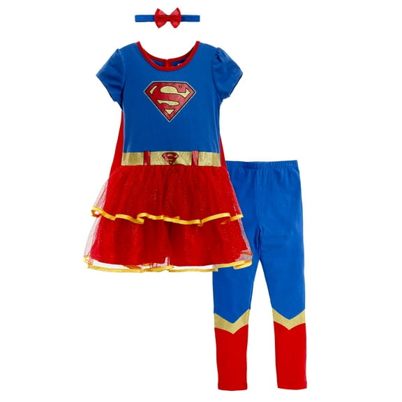 DC Comics Justice League Supergirl Big Girls Costume Dress Leggings Cape and Headband 4 Piece Set 14-16