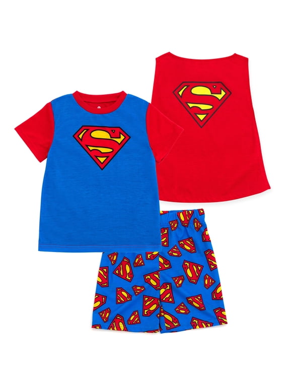Justice League Toddler Boys' Cosplay Pajama Shirt and Shorts Set with Cape Blue Red Superman