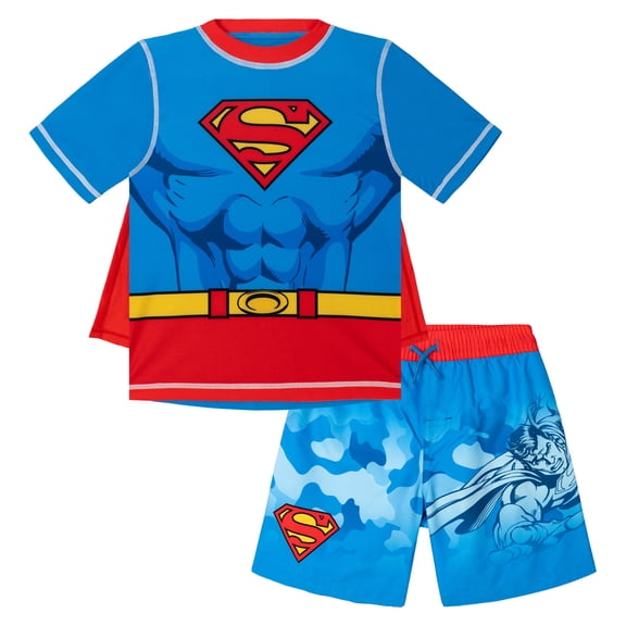 DC Comics Justice League Superman Cosplay Rash Guard, Swim Trunks and Detachable Cape 3 Piece UPF 50+ Outfit Set Camo Toddler to Little Kid