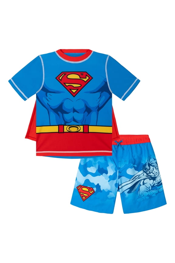 Justice League Superman Cosplay Rash Guard, Swim Trunks and Detachable Cape 3 Piece UPF 50+ Outfit Set Camo Toddler to Little Kid
