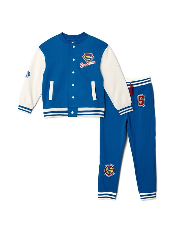 Justice League Little Boys' Fleece Varsity Jacket and Pants Set Blue Cream Superman