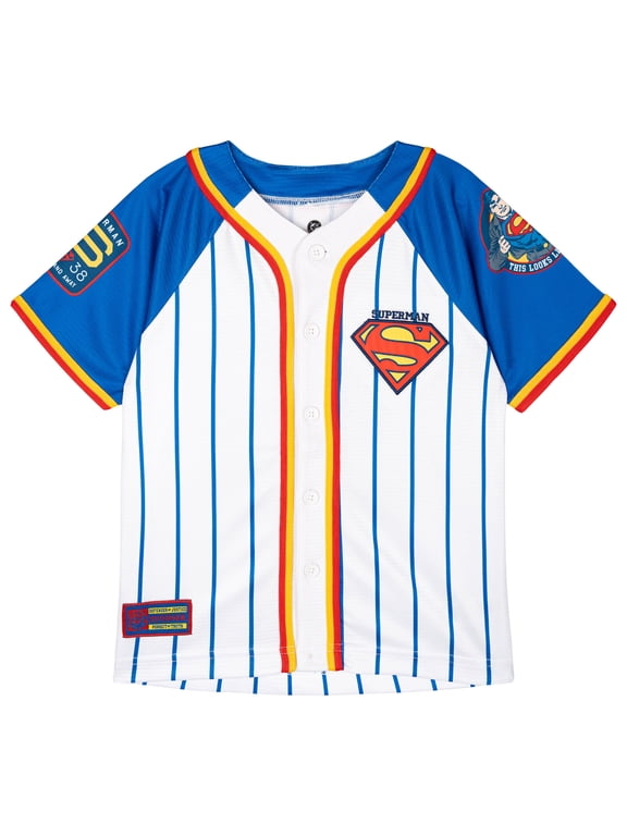 Justice League Superman Mesh Baseball Jersey Athletic V-neck Raglan Button Down Shirt Toddler to Big Kid