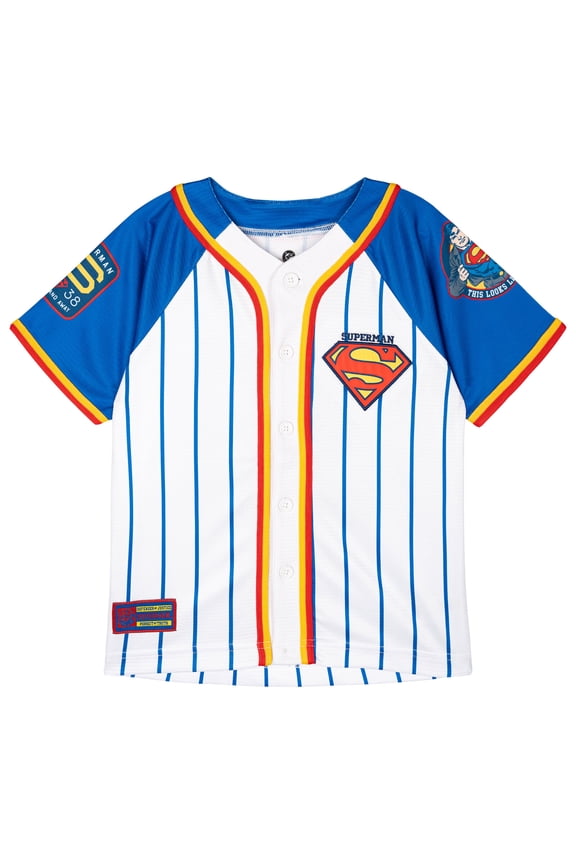 Justice League Superman Mesh Baseball Jersey Athletic V-neck Raglan Button Down Shirt Toddler to Big Kid