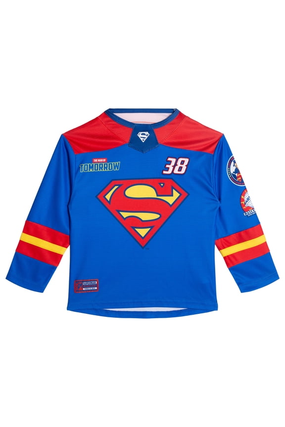 Justice League Superman Mesh Hockey Jersey Long Sleeve T-Shirt Toddler to Big Kid