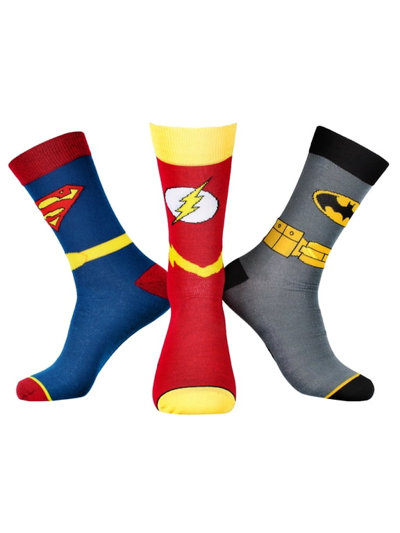 DC Comics Justice League Superman The Flash Batman Socks Men's 3 Pack Superhero Mid-Calf Adult Crew Socks