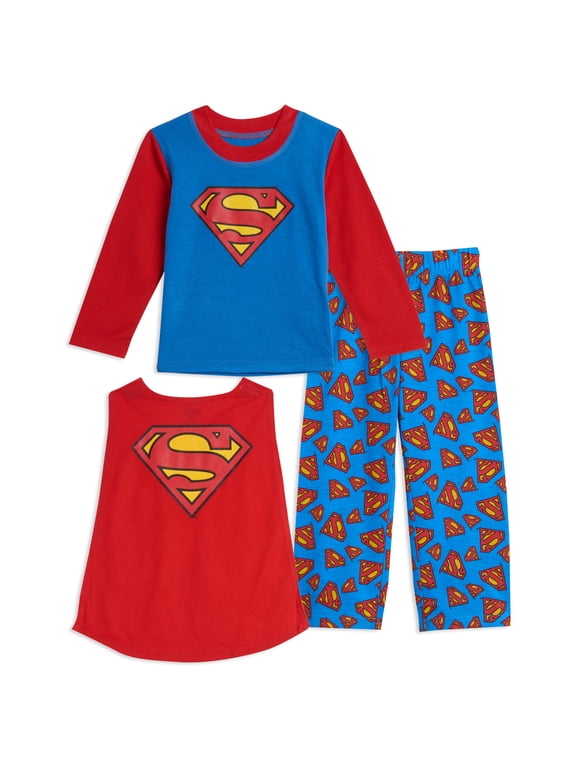 Justice League Superman Toddler Boys Pajama Shirt Pants and Cape 3 Piece Set Toddler to Big Kid