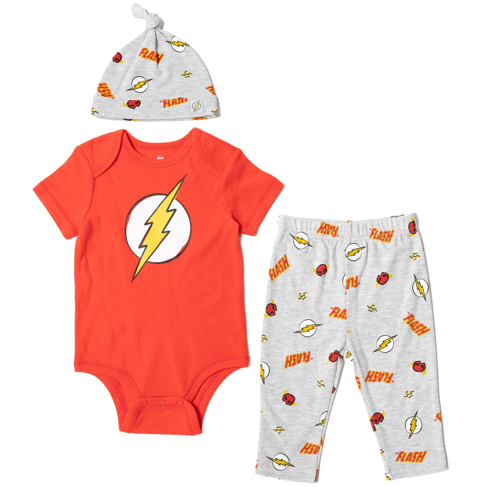 DC Comics Justice League The Flash Infant Baby Boys Bodysuit Pants and Hat 3 Piece Outfit Set Newborn to Infant