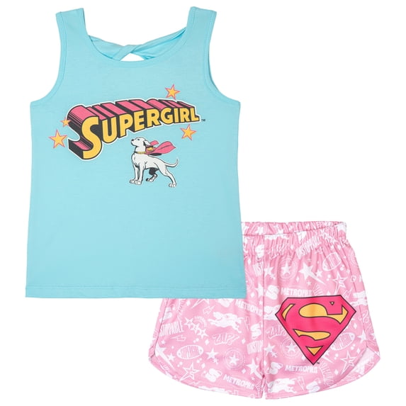 DC Comics Justice League Toddler Girls' Athletic Tank Top and Shorts Set Krypto Blue Pink