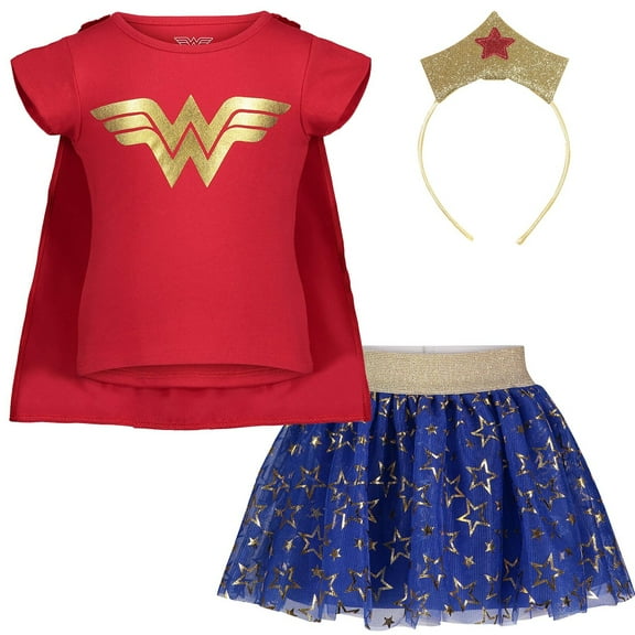 DC Comics Justice League Wonder Woman Big Girls Costume T-Shirt Tulle Skirt Headband and Cape 4 Piece Set Toddler to Big Kid
