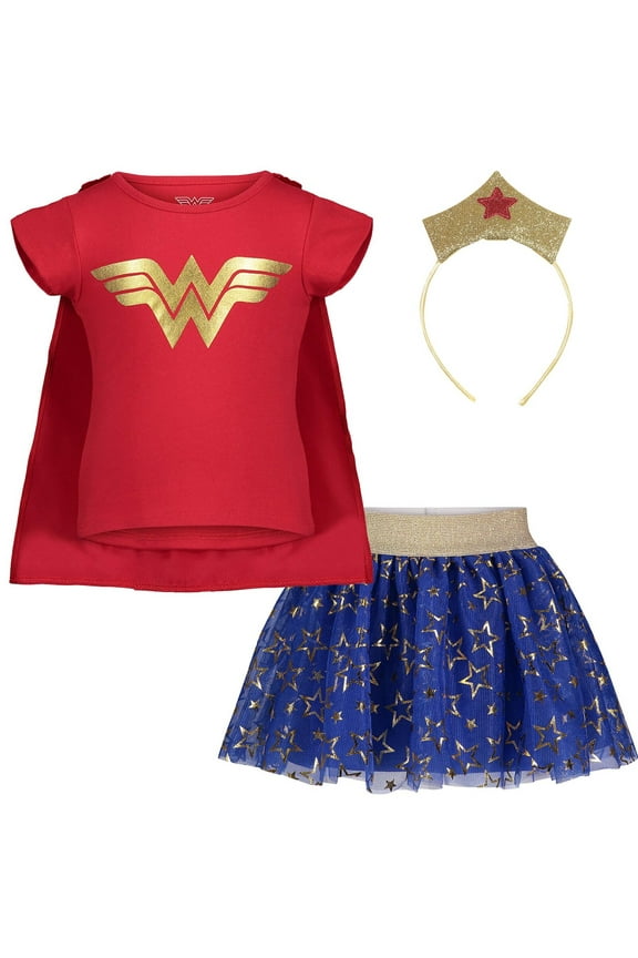 Justice League Wonder Woman Big Girls Costume T-Shirt Tulle Skirt Headband and Cape 4 Piece Set Toddler to Big Kid