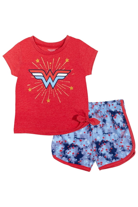 Justice League Wonder Woman Big Girls T-Shirt and Active Retro Dolphin Shorts Outfit Set Infant to Big Kid