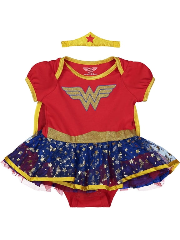 Justice League Wonder Woman Infant Baby Girls Costume Bodysuit Dress Cape and Headband 3 Piece Set Newborn to Infant