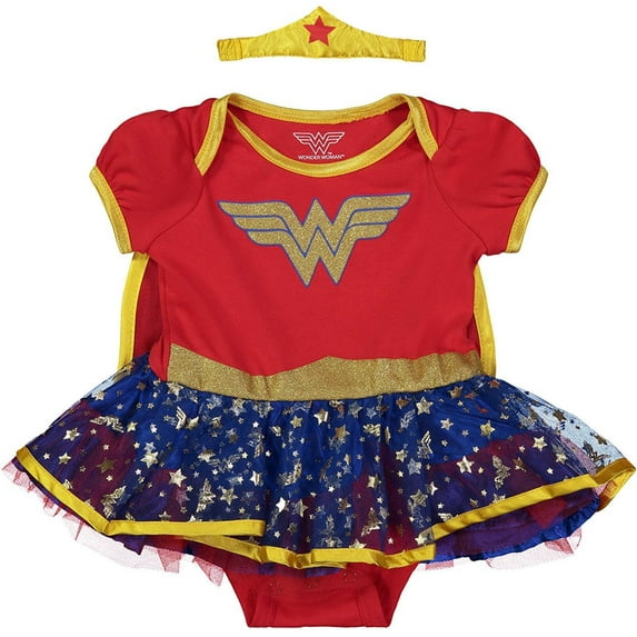 DC Comics Justice League Wonder Woman Newborn Baby Girls Costume Bodysuit Dress Cape and Headband 3 Piece Set Newborn to Infant