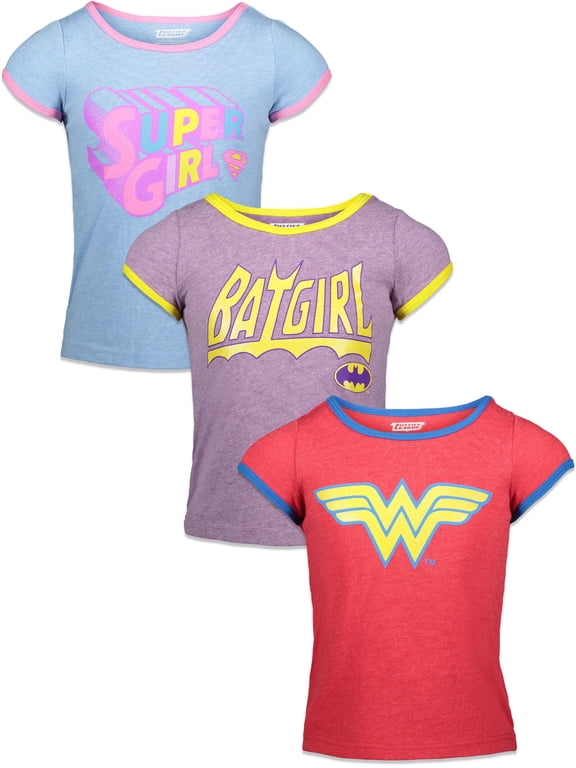 Justice League Little Girls' 3-Pack T-Shirts Blue Purple Red Ringer