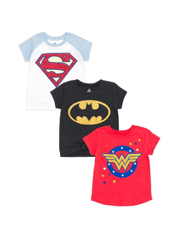 Justice League Big Girls' 3-Pack T-Shirts Charcoal Red White