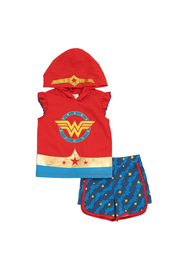 Justice League Wonder Woman Toddler Girls Tank Top and Active Retro Dolphin French Terry Shorts Toddler to Big Kid