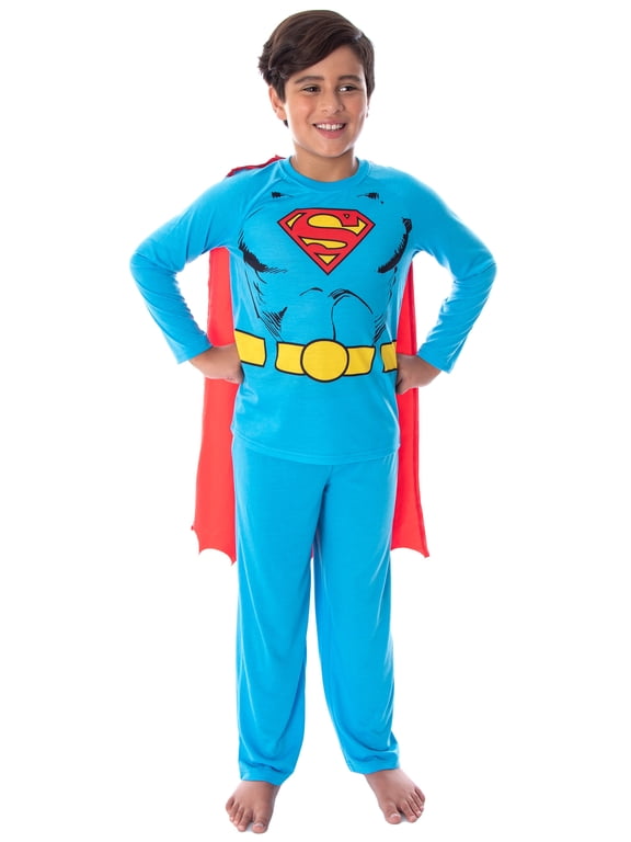 DC Comics Kids' Superman Suit 2PC Long-Sleeve Raglan Shirt Pajama Pant Set with Detachable Cape For Boys Girls