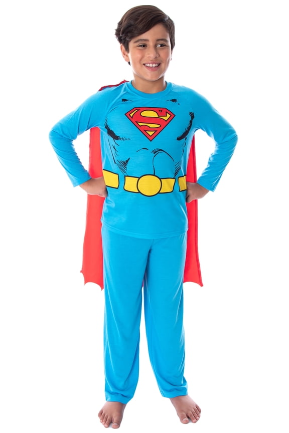 DC Comics Kids' Superman Suit 2PC Long-Sleeve Raglan Shirt Pajama Pant Set with Detachable Cape For Boys Girls