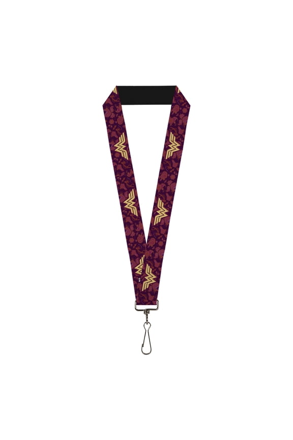 DC Comics Lanyard, Wonder Woman Logo Floral Collage Purple Pinks Gold, Elastic