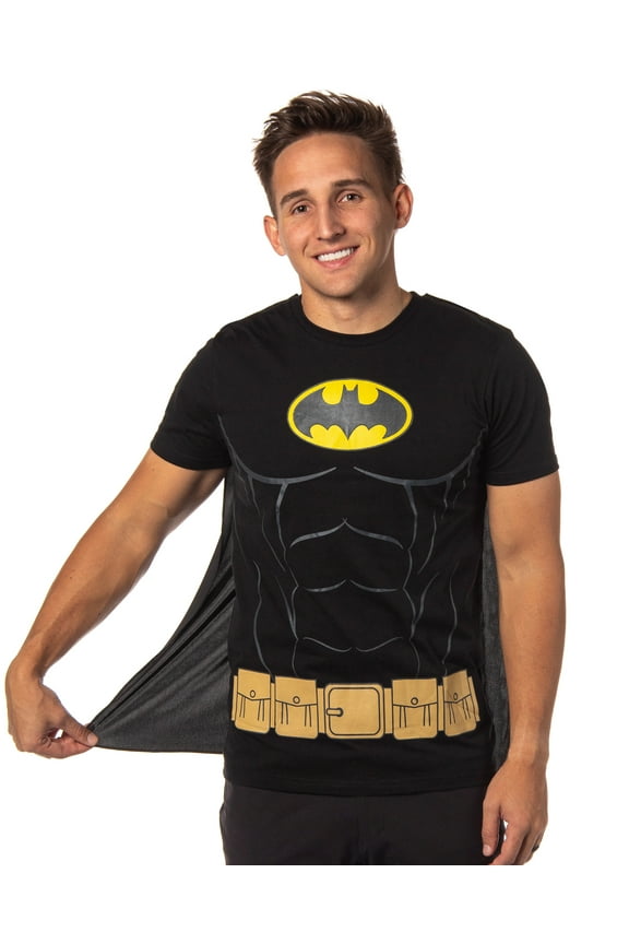 DC Comics Men's Batman Costume Shirt With Detachable Cape Classic Bat Logo Batman Cosplay Tee