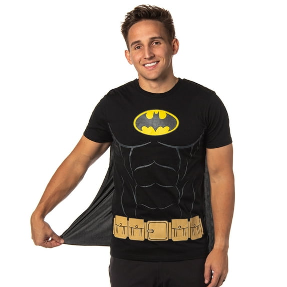 DC Comics Men's Batman Costume Shirt With Detachable Cape Classic Bat Logo Batman Cosplay Tee